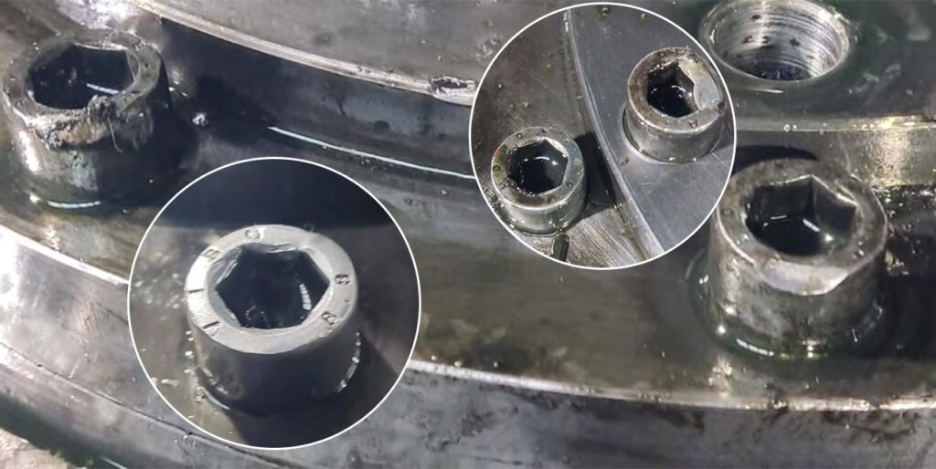Numerous damages to the Allen screws of the second stage drive shaft bearing housing: