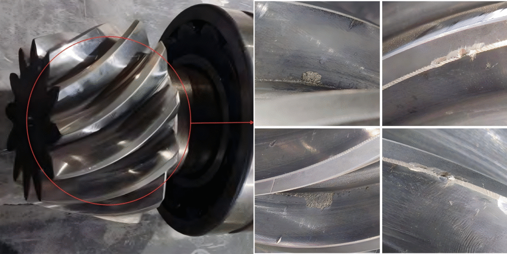moventas Bevel shaft gear: chipping of the tooth surface, Numerous dents on the tooth surface.