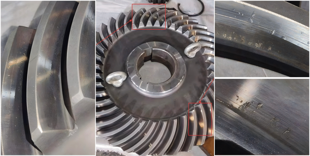 Chipping of the bevel gear tooth surface. Numerous dents on the tooth surface. Rolling Contact Fatigue (RCF) and Surface Failure