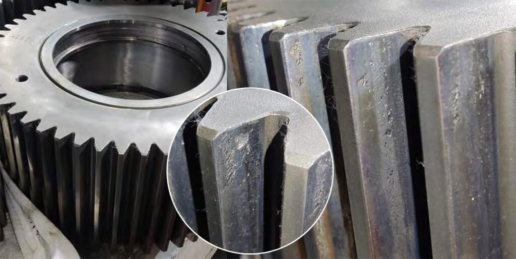 Chipping of the tooth surface. Macropitting on the tooth surface. Numerous dents on the tooth surface.