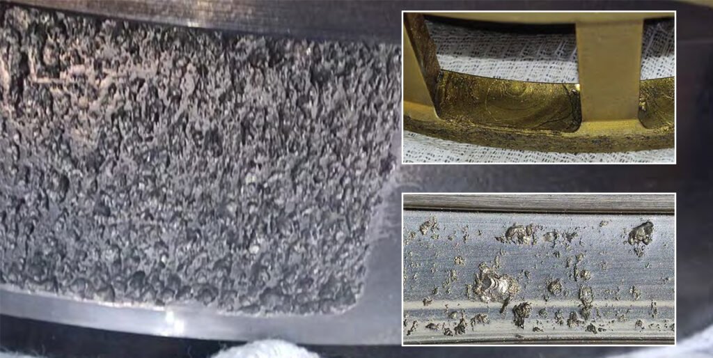 Peeling of roller surfaces, inner and outer races. Numerous dents on roller and race surfaces. Damage to separators.