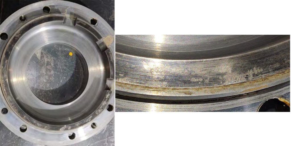 Wear of the cover thrust flange due to increased axial pressure of the outer bearing race.